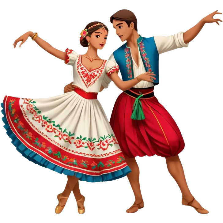 Cinematic Realistic scene of two dancers performing the Tarantella, dressed in vibrant, flowing traditional costumes with detailed embroidery and dynamic skirts, captured in festive motion with warm, lively lighting emoji