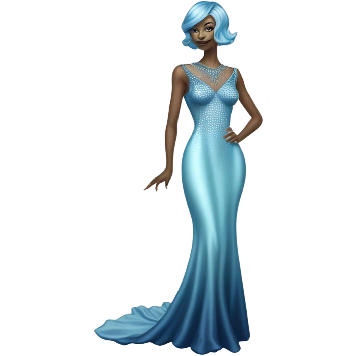 reptilian alien woman, in long slim pastel blue formal party satin dress with gradient shiny sparkling navy blue diamonds embroidered, full body full figure emoji