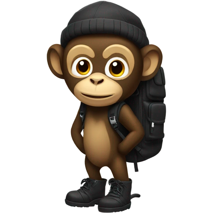 Monkey wearing black winter boots and a black backpack emoji