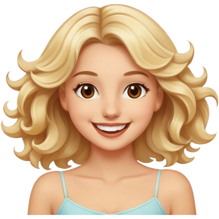 Pretty blonde model, brown eyes, soft wavy hair, super excited and happy dance emoji