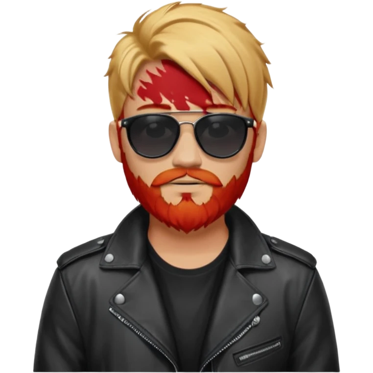 generate an ios genmoji of a 20 year old tan boy with black sunglasse Wearing a leather jacket. Has a dyed blonde beard and veryyyyy long red hair emoji