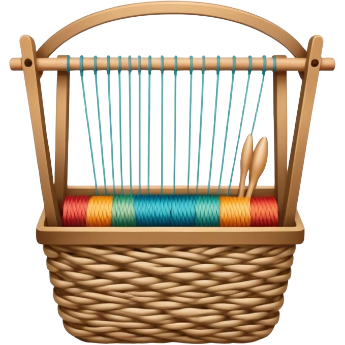 Weaving icon, various types of weaving such as basket weaving, macramé, and loom weaving, showing intertwined threads or ropes, weaving tools like shuttle, crochet hook, and loom, minimalistic style, clean lines, transparent background. emoji