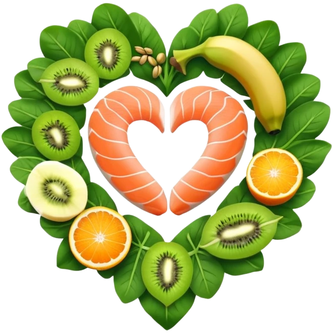 Banana, spinach leaves, salmon, kiwi, pistachios, and orange juice floating in a circle around a glowing heart that pulses with steady rhythm. Waves of electrical energy connect the foods to the heart, muscles, and nerve pathways, showing how potassium regulates fluid balance and electrical signals. emoji