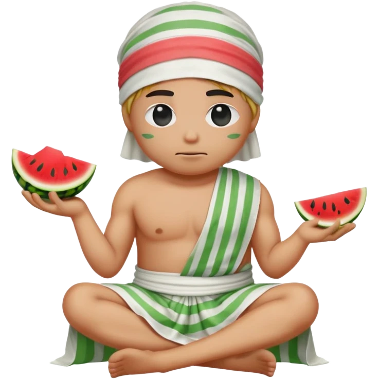 Create an emoji sitting cross-legged, wearing a white toga. The emoji is blindfolded with a green and white striped cloth and has a watermelon on its head. The emoji should not be smiling- make it look distressed or cold emoji