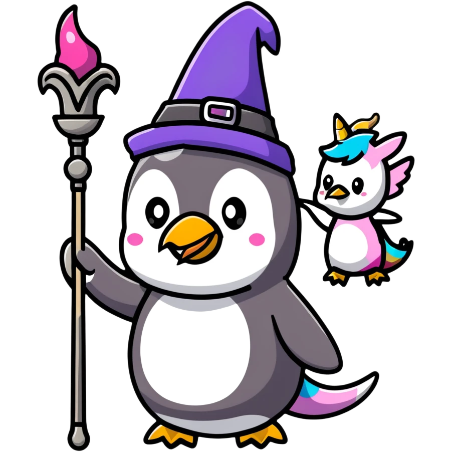 penguin wizard with a staff and hat, surrounded by a small dragon, fairy, and unicorn, colorful fantasy landscape emoji