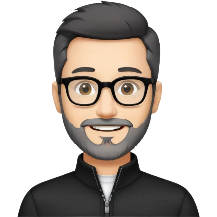 Fair-skinned man with short black hair styled upward, short graying beard, large black-framed glasses, smiling, wearing black long sleeve shirt with zip at neck emoji