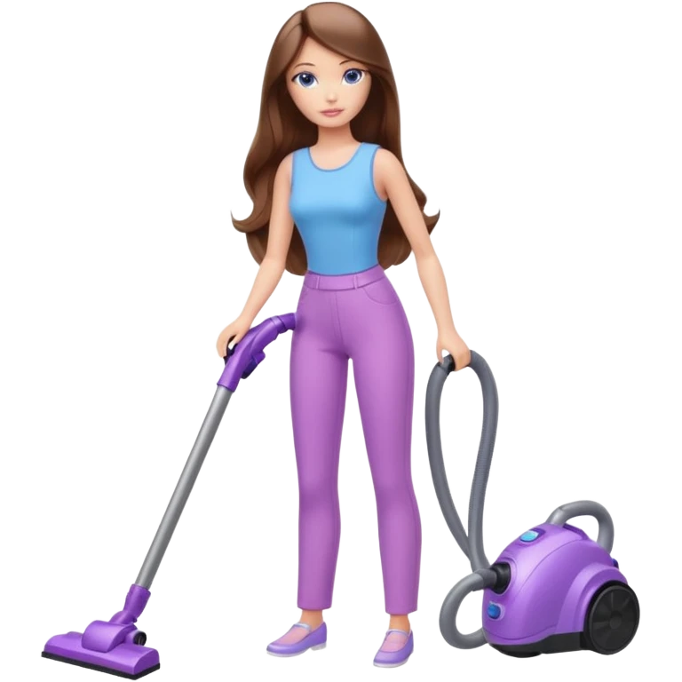 beautiful barbie girl with long brown hair, blue eyes and wearing light purple clothes, cleaning and vacuuming emoji