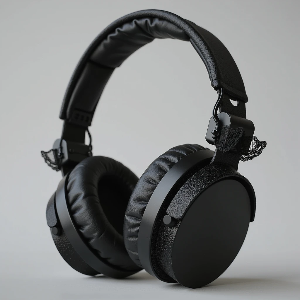 realistic goth headphones, matte black with lace details, photorealistic style emoji