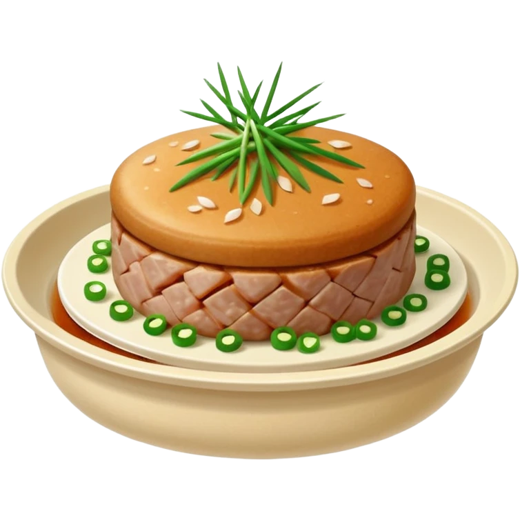 Emoji of a Chinese steamed pork patty in a small dish, topped with chopped scallions, soft texture, minimal style. emoji