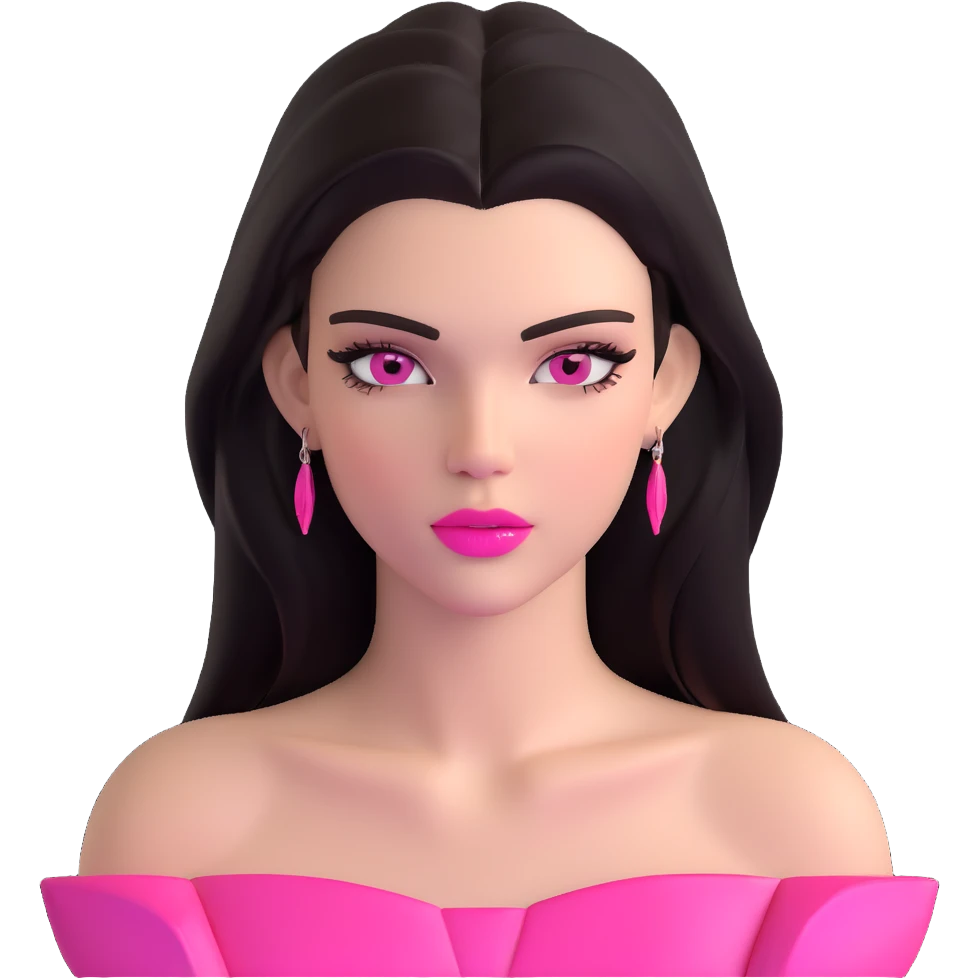 Kendall Jenner supermodel, longer face, long dark hair, bright pink glossy lipgloss, rosy pink blush, sharp winged eyeliner, bare shoulders emoji