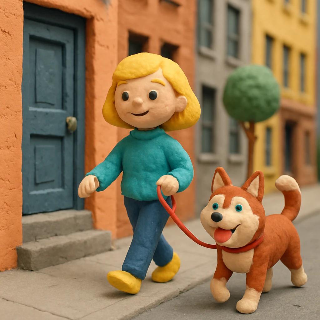 Cute Blonde woman wearing a sweater walking a happy red-brown blue-eyed Siberian husky in New York City on an upper east side city sidewalk  emoji