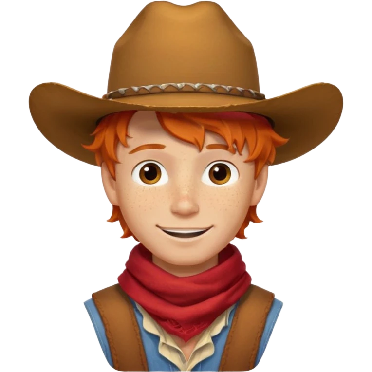a wavy orange hair boy wearing a cowboy hat with a mischievous grin and freckles with western red scarf on his neck emoji