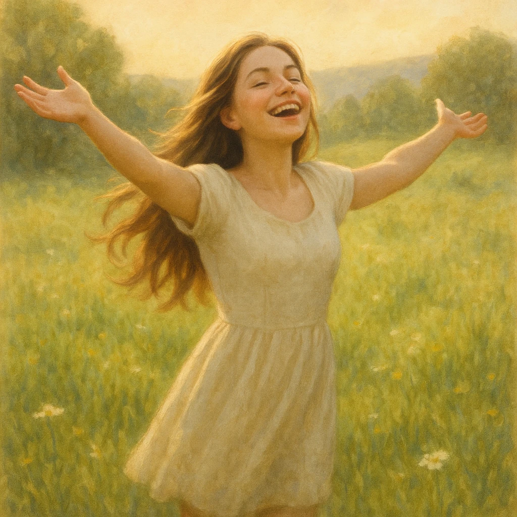 A joyful young woman with long hair, arms outstretched, standing in a sunlit meadow, expressing freedom and happiness, soft realistic illustration style emoji