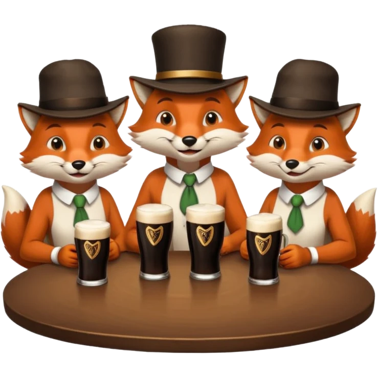 Three foxes sitting at a round table drinking Guinness emoji