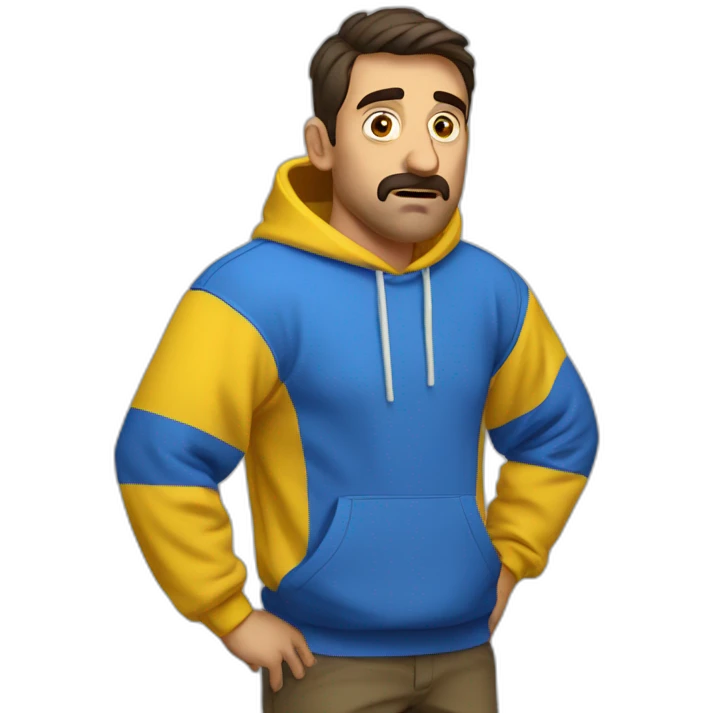 Armenian men in yellow sweatshirt shocked looking at kamera emoji