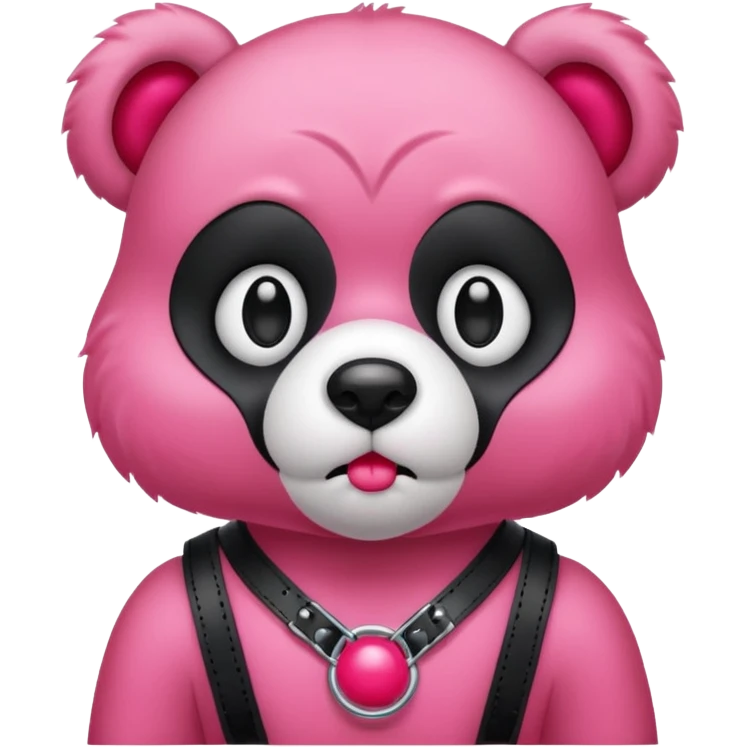Gloomybear wearing black harness, red bubblegum in mouth emoji