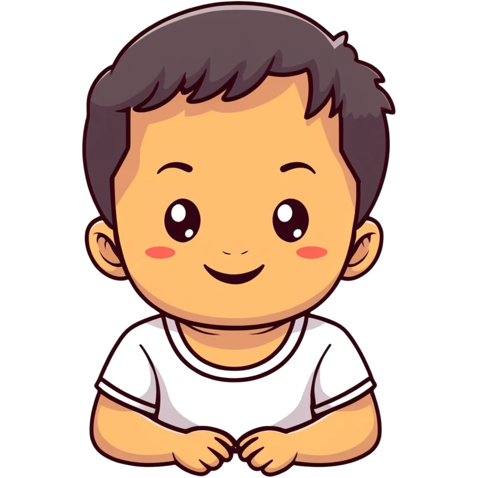 close-up of round smiling toddler face only with big eyes, medium skin tone, dark wavy hair, no neck visible, just the face emoji
