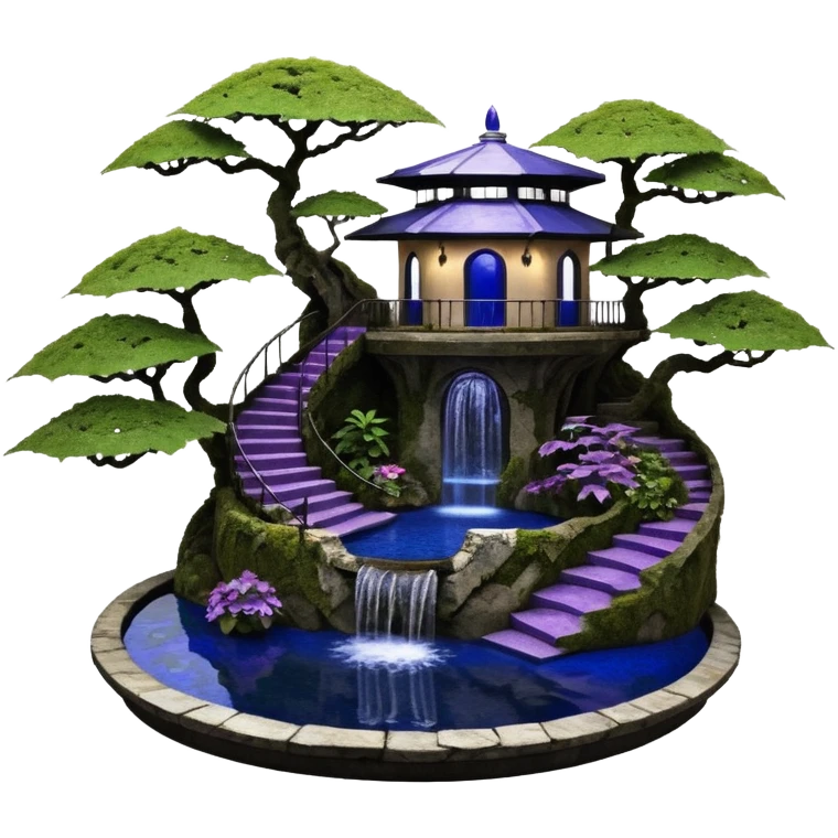 Alien saucer poolhouse jungle-vines winding narrow stairway fountain koi pond mountainside -island getaway nighttime landscape antique mudman very old broken cracked intricate Stone Age lapis-crusted irregular dodecagon-shaped shallow dark moss rough bark violet serissa flowered maple tree bonsai emoji