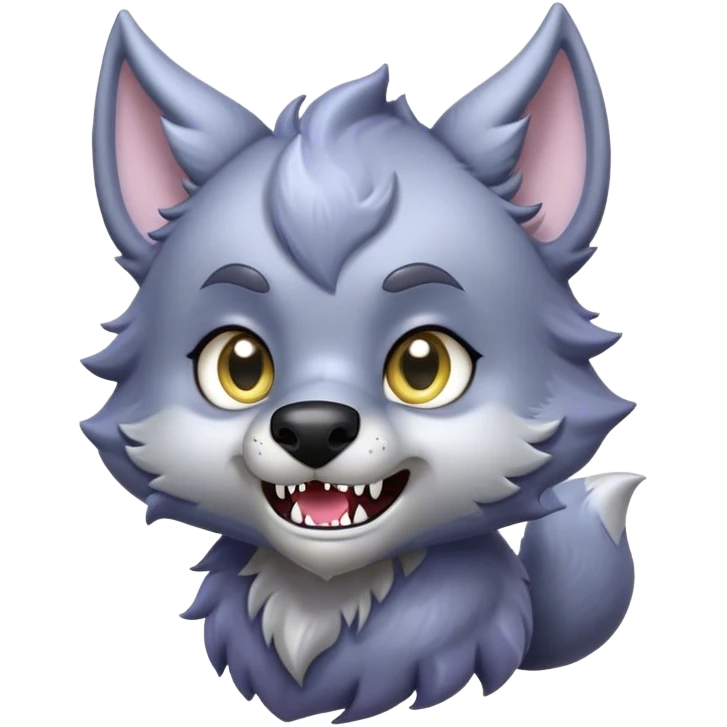 Cinematic Cute Werewolf Portrait Emoji, with a cuddly, miniature lupine form in soft moonlit grays and silvers, featuring oversized sparkling eyes and a sweet, endearing snarl, simplified yet irresistibly adorable, highly detailed with a gentle glowing outline that captures the playful, heartwarming essence of a little werewolf! emoji