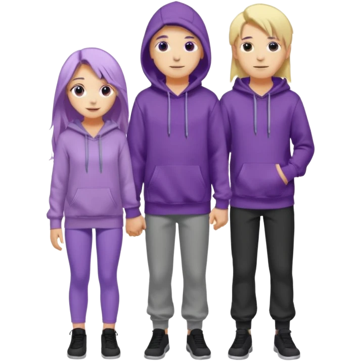 full-length happy couple, girl with long purple hair and gray eyes in lilac hoodie, boy with blonde hair in black hoodie emoji