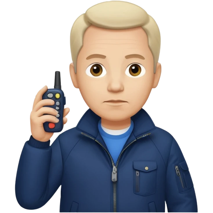 Security, Middle-aged, wearing navy blue jacket, serious facial expression, holding walkie-talkie, full body emoji