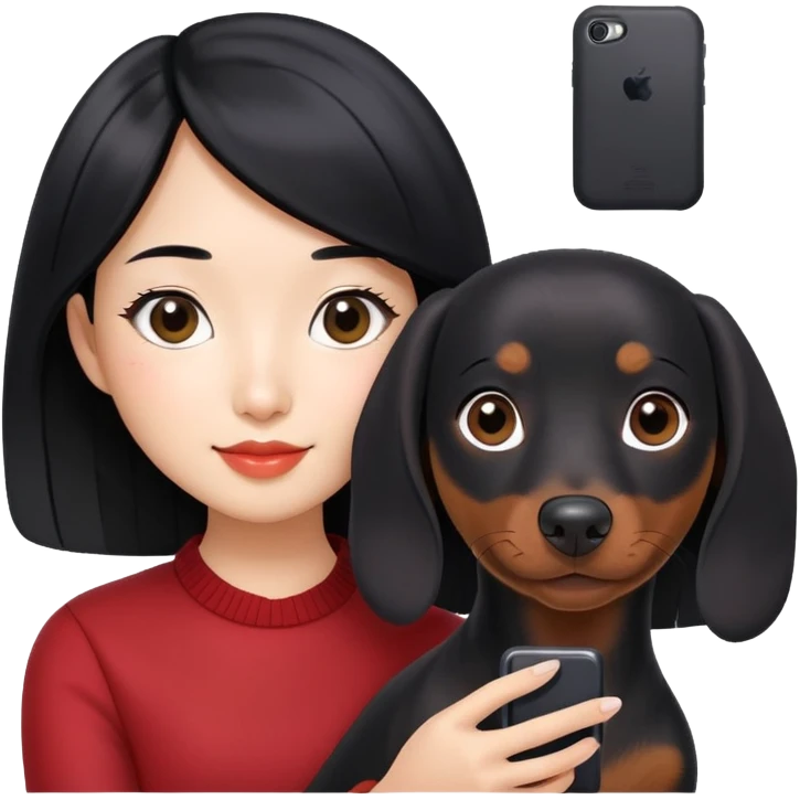black hair asian girl taking selfie with black dachshund emoji