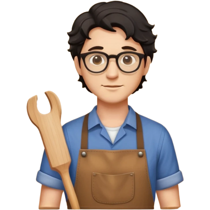 Young caucasian man with black wavy hair, round glasses, brown carpentry apron over a shirt, woodworker emoji