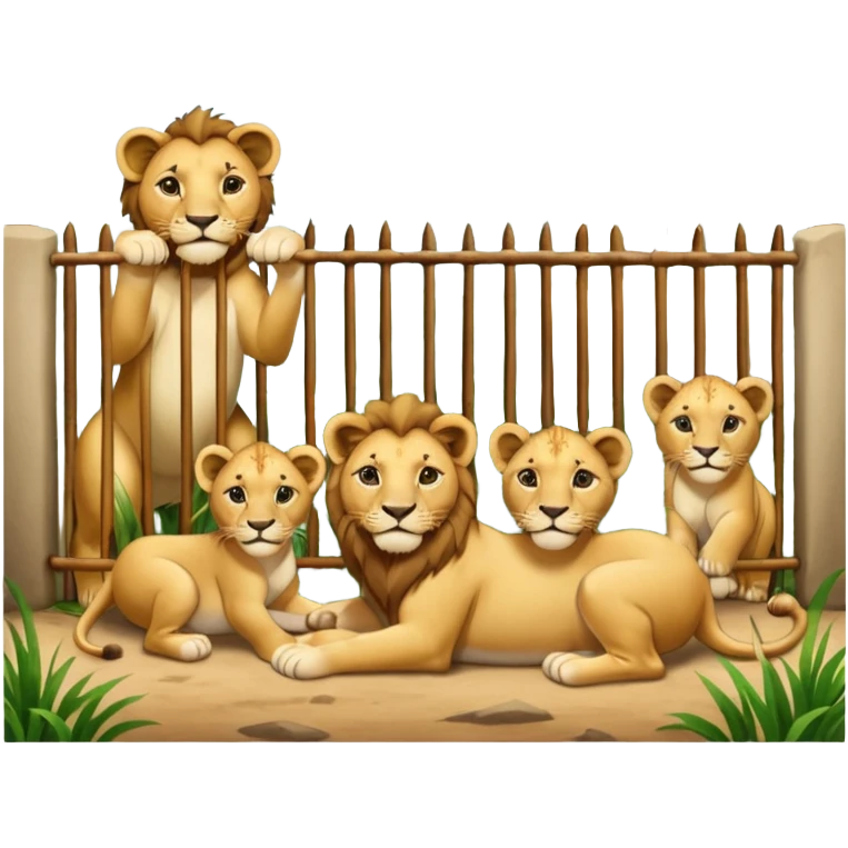 Un letrero del zoológico que dice “LION CUBS — BORN LAST WEEK” y delante una leona con sus cachorros recién nacidos, con la gente mirando emocionada desde la reja.






 emoji