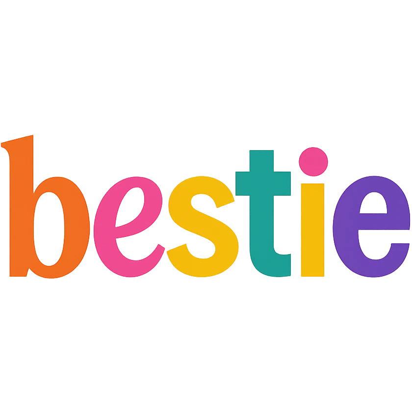 colorful modern text image with the word 'bestie' in the center, varied colorful fonts, no emoji or face emoji