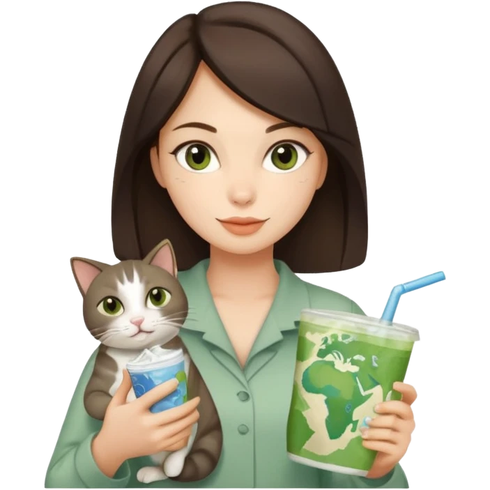 a brunette woman in here 30S drinking an iced matcha, carrying a grey cat and a map of the world emoji
