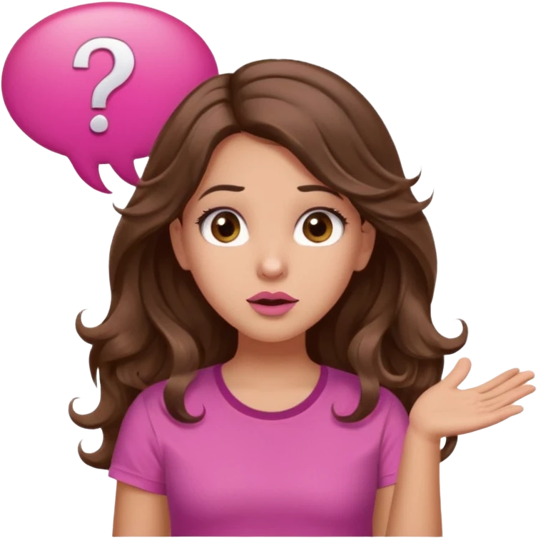 girl with long wavy brown hair, brown eyes, light to medium complexion, in a pink shirt, pink lips, long lashes, shugging, question mark one speech bubble emoji