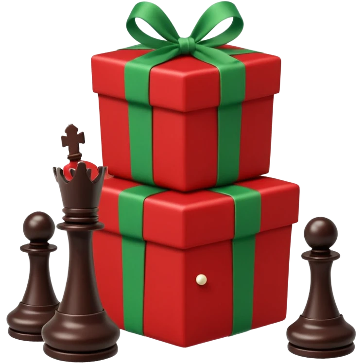 A red gift tied with a green ribbon in a white polka dot, with a knight and pawn chess pieces falling out of the gift emoji