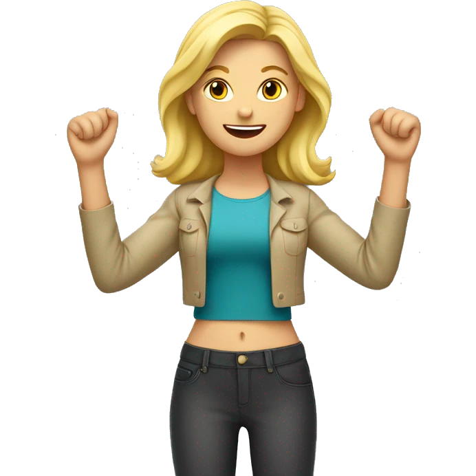 Blonde Girl with both hands open in the air. Happy, frontal view above waist only. Enjoying emoji