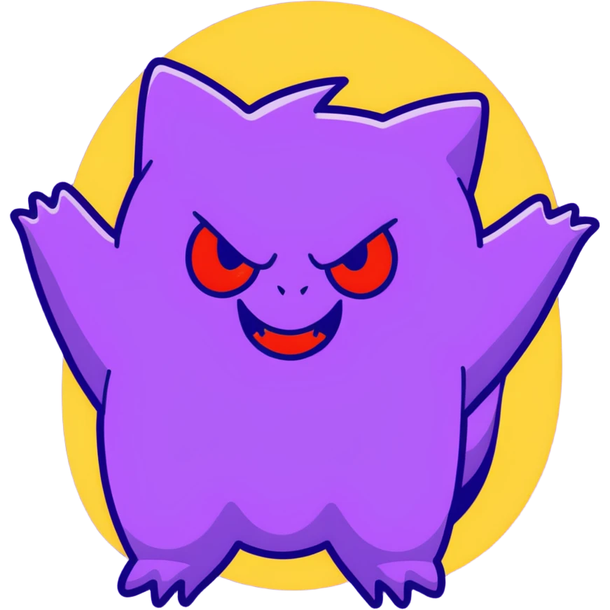 Gengar, the purple ghost Pokemon with red eyes and a mischievous grin emoji