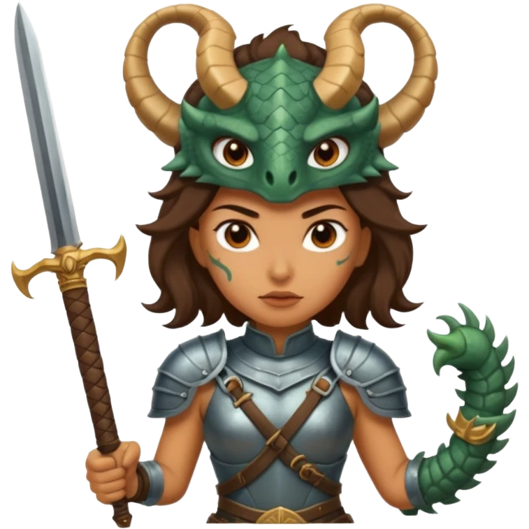 Fierce Latina in armor with a sword after a battle cutting off the head of a hydra emoji