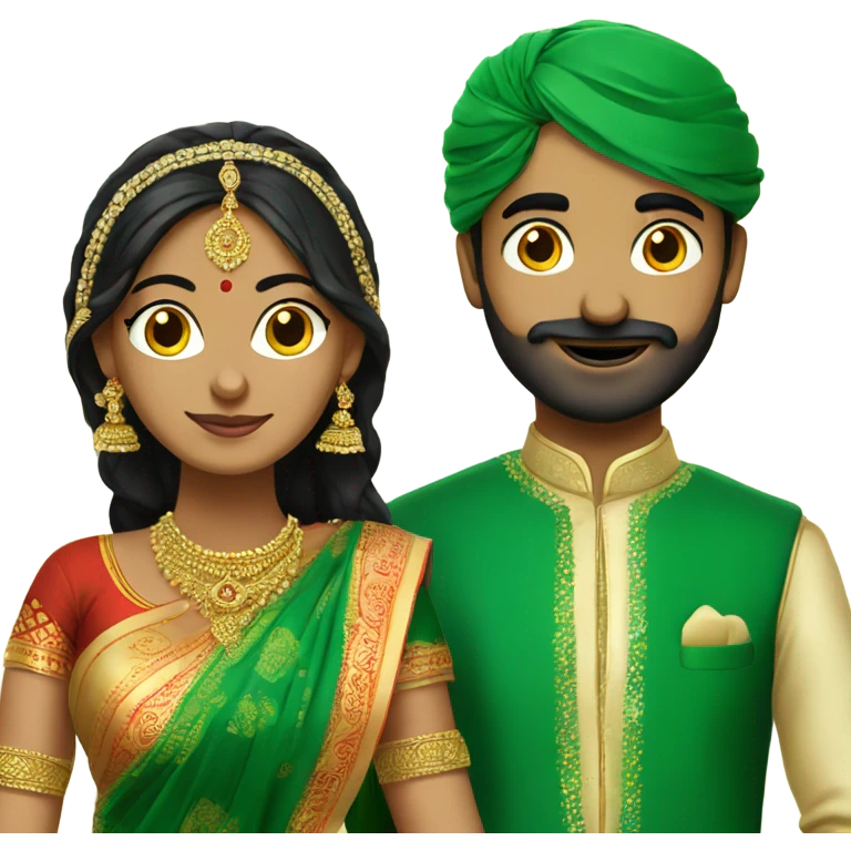 bride in green saree and groom in south indian dress emoji