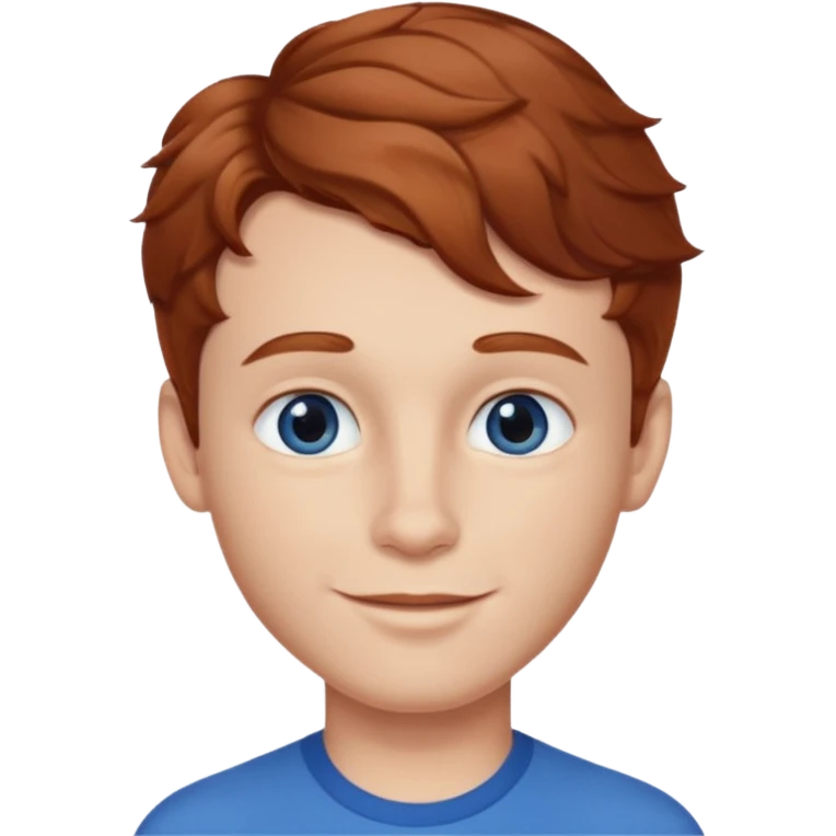 Please generate a portrait of a boy. He has light brown to reddish-brown wavy hair, a right side parting, longer sideburns, blue eyes, a snub nose, and a somewhat pronounced, strawberry-red pout. He is smiling. emoji
