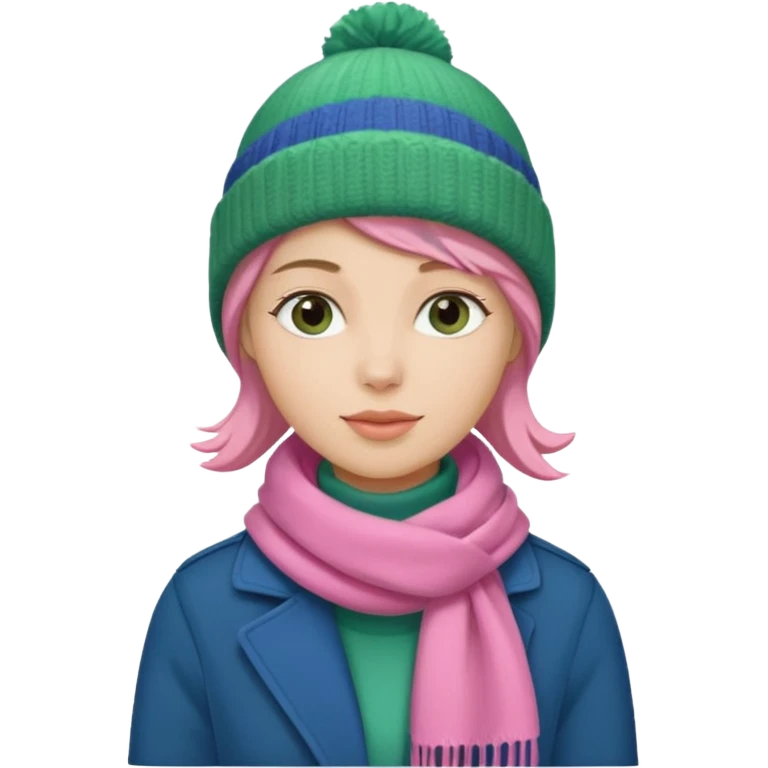 una mujer con: pink beanie, green bufanda and long blue jacket emoji
