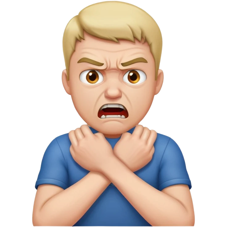 Man chocking himself with his hands while angry emoji