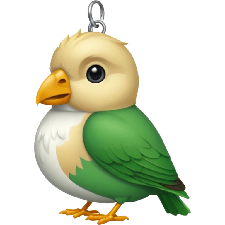 un oiseau classique tout vert avec un collier autour de son cou avec des breloque argentées et un seul poil blond qui fait une petite bouclette sur le front  emoji