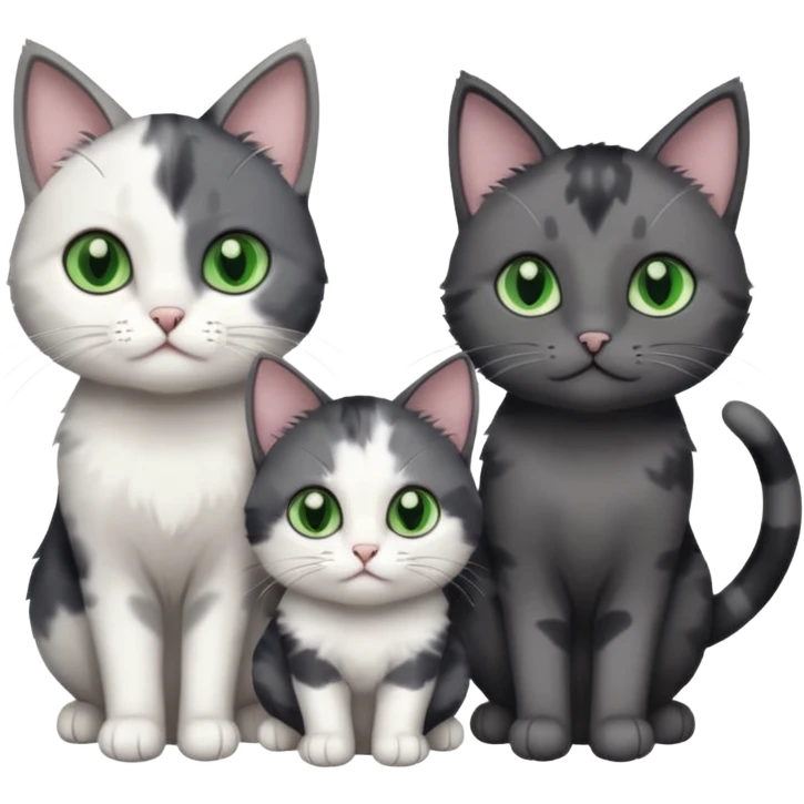 3 different coloured small cats including a dark grey and white, and a patchy calico and a completely solid dark grey with green eyes and only white paws emoji
