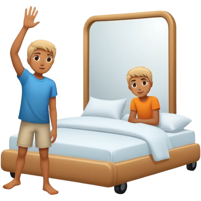 A person stands beside their bed, rolling out groggily with determination. The bed behind them is neatly made, a mirror in front of them shows them high-fiving their reflection. A glowing sunrise outside signals the start of a productive day. emoji