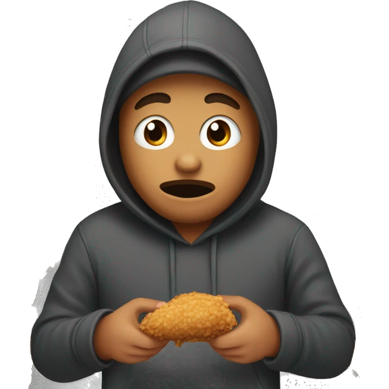 Person with  dark grey hoodie covering his body other then his mouth eating fried chicken  emoji