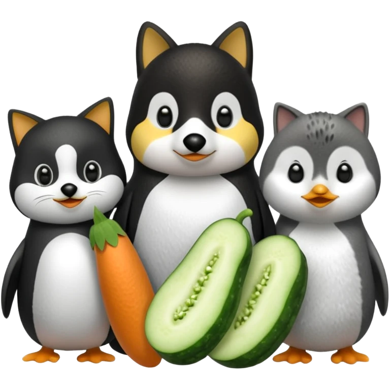 Köpekin yaninda kedi penguen kedinin yaninda üçüde hiyar yesin emoji