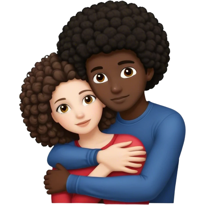 White girl with dark brown hair, hugging black boy with afro  emoji