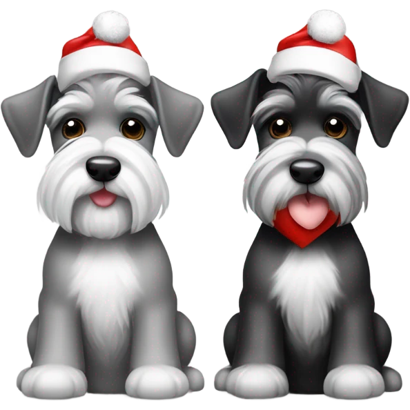 2 miniature schnauzers, 1 grey and 1 black and white, wearing Christmas hats with a heart above them emoji