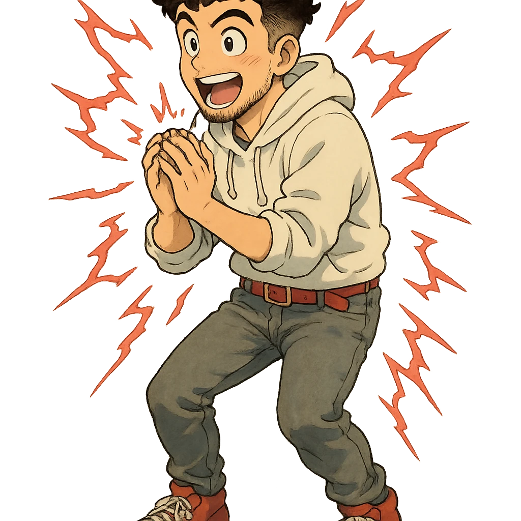 1 male, mid fade haircut dark chestnut brown curly hair, toasted lightskin, white hoodie sleeves up, gray fashion jeans, red fashion-sneakers shoes, red belt, short trimmed beard and goatee,  style of deku from "my hero academia",  doing a "i adore that!" exclaimation pose with red electricity emoji