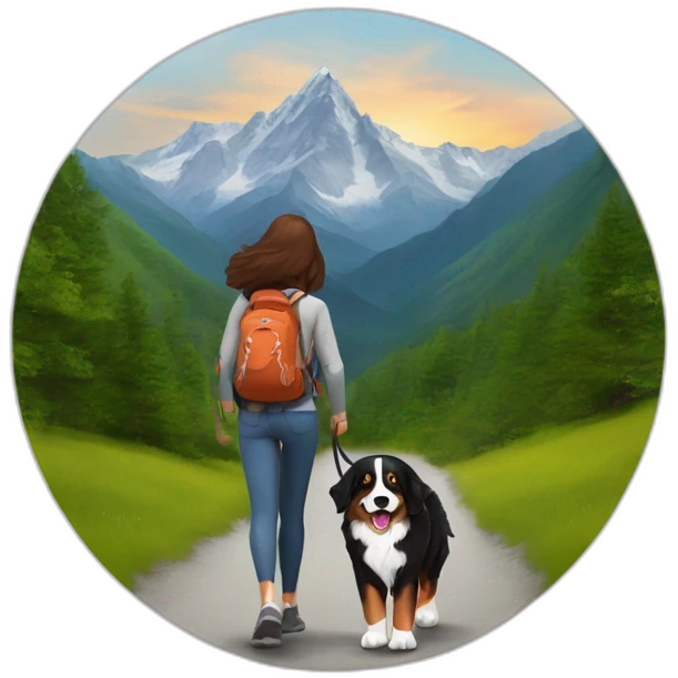 bernese mountain dog hiking with a woman with brown hairr a mountain emoji