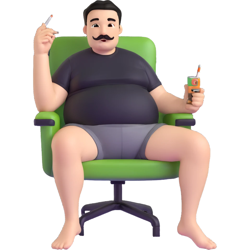 Big man relaxing in chair, legs spread wide, holding cigarette, round face, short black hair (not bald), short beard and mustache, black t-shirt with light stripes at top, exposed belly, black shorts, arms covered in black graphic tattoos with patterns visible on forearms and shoulders emoji