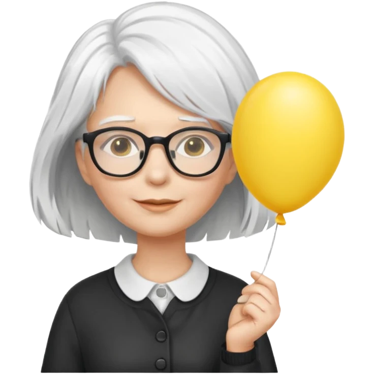 woman with wind white hair and wearing glasses, holding yellow balloon emoji